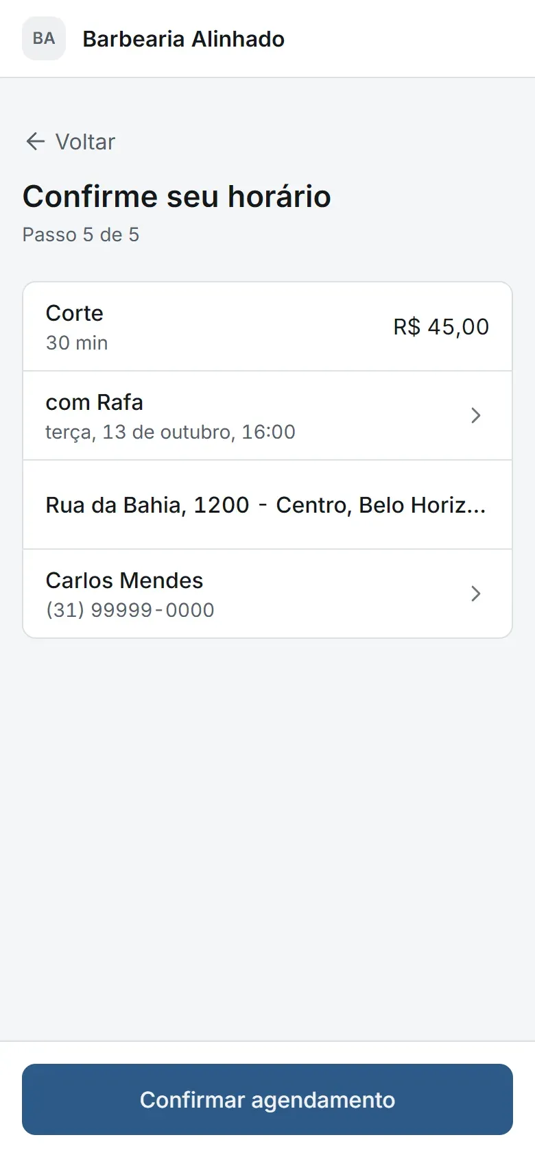 Confirmação do horário no link de agendamento do cliente