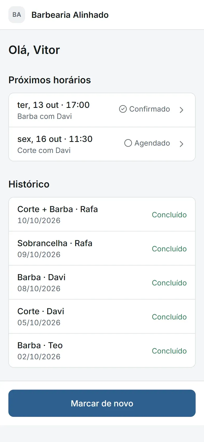 Área do cliente com o próximo horário e as opções de remarcar e cancelar