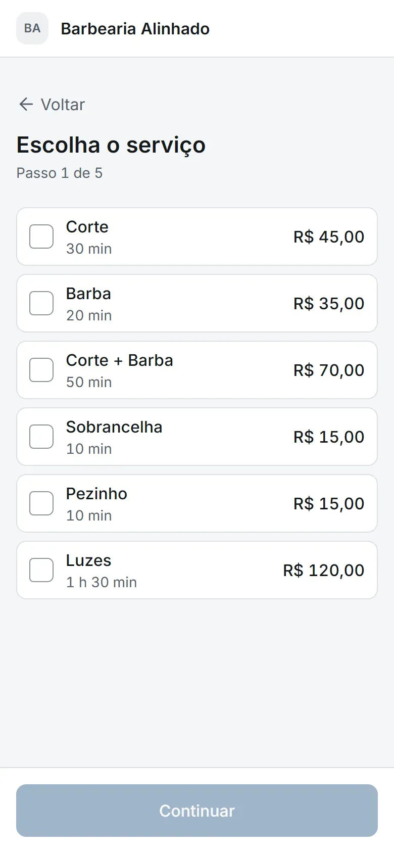 Primeiro passo do link de agendamento no celular: escolha do serviço