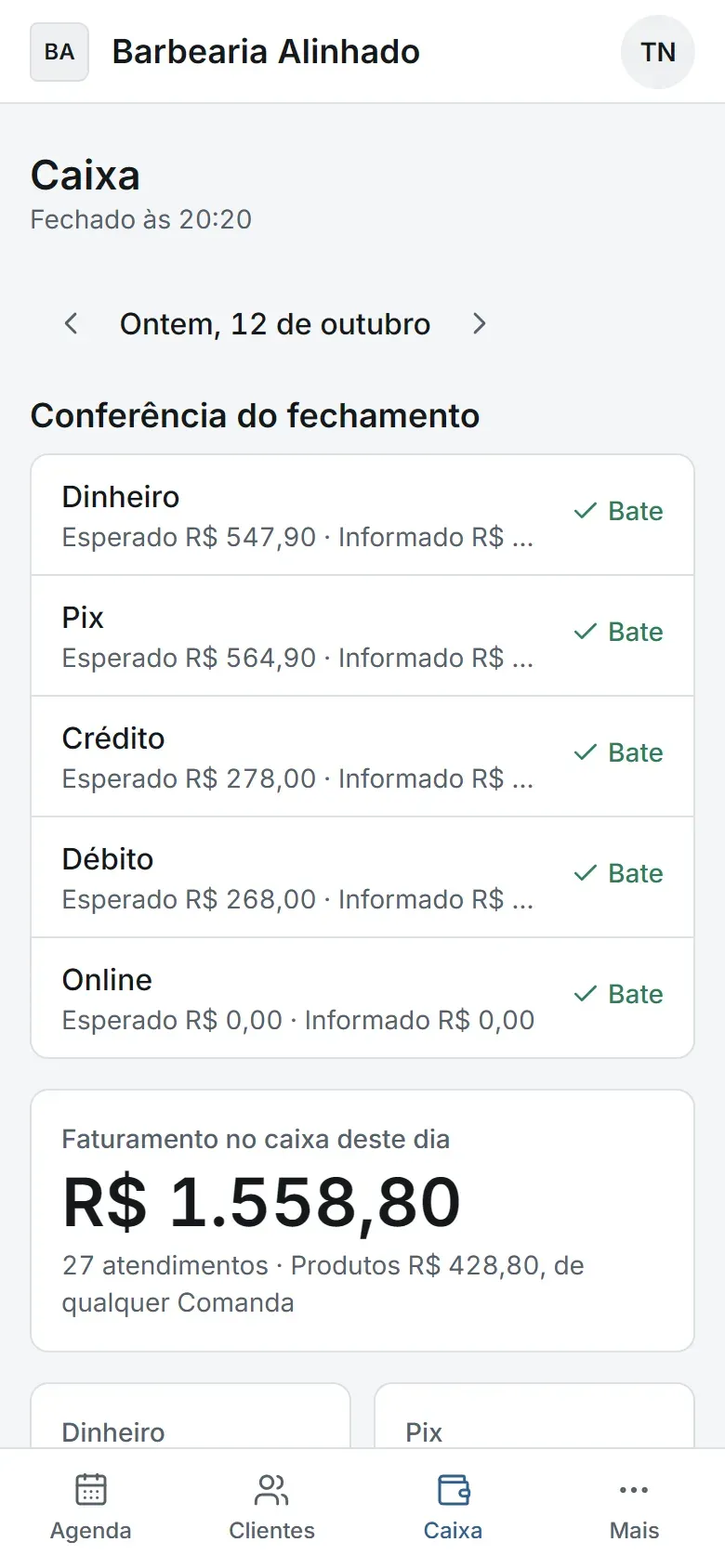 Caixa do dia fechado no celular, com a conferência por forma de pagamento
