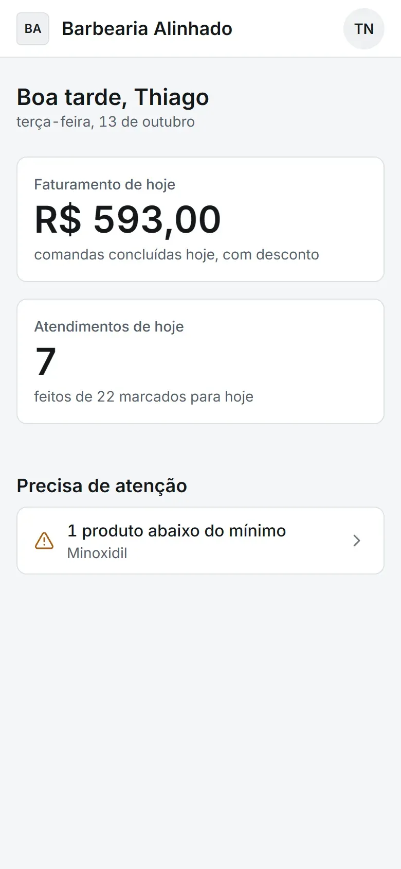 Início do dono no celular, com faturamento do dia e o bloco Precisa de atenção